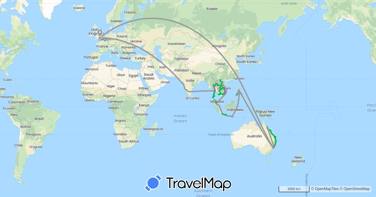 TravelMap itinerary: driving, bus, plane, train, boat in Australia, United Kingdom, Indonesia, India, Cambodia, Laos, Malaysia, Philippines, Singapore, Thailand, Taiwan, Vietnam (Asia, Europe, Oceania)