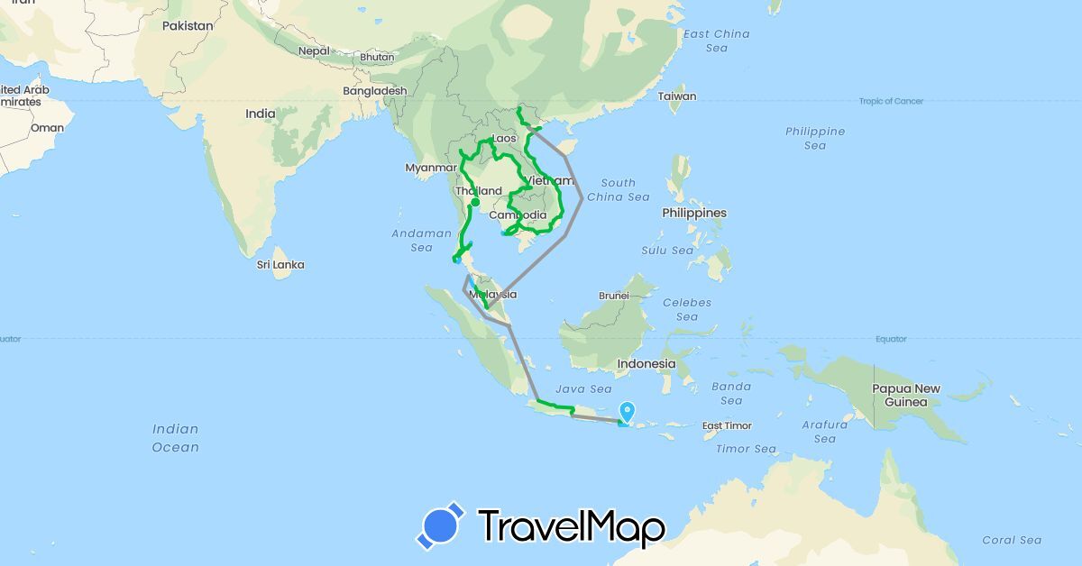 TravelMap itinerary: driving, bus, plane, boat in Indonesia, Cambodia, Laos, Malaysia, Singapore, Thailand, Vietnam (Asia)